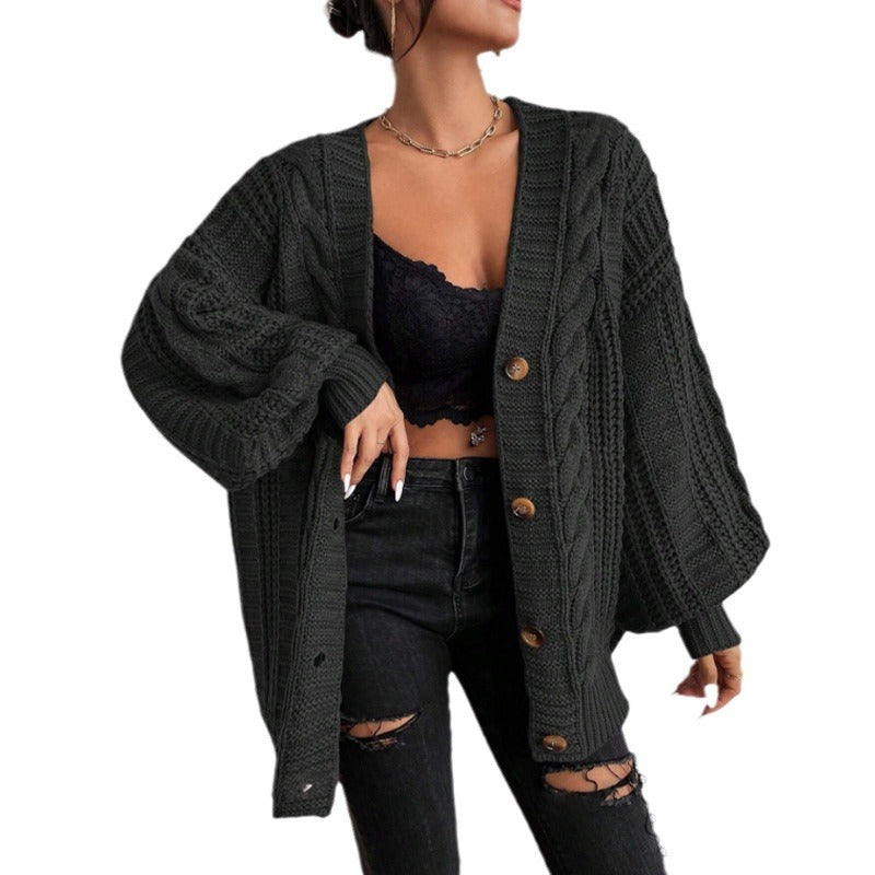 2000s fashion V-neck Sweater Women's Retro Style Fashion Loose Twist Lantern Sleeve Cardigan Knitted Coat