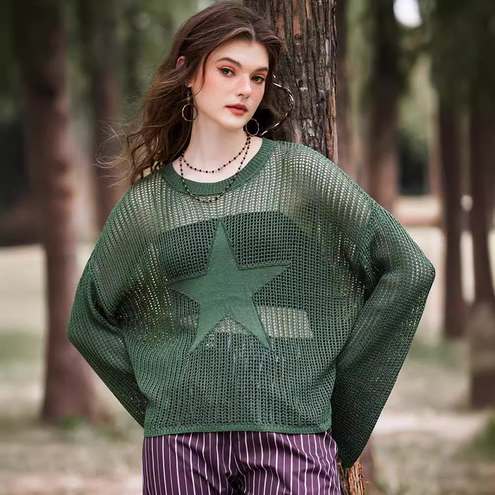 concert outfit Casual Spring, Summer and Autumn Women's Hollow Star Loose Knitted Blouse See-through Mesh Sweet Fresh Mori