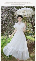 alien invasion dress to impress Heavy Industry White Fairy Elegant Lace Stitching Large Swing Dress Long Sleeve Vintage Bridesmaid Dress Long Skirt