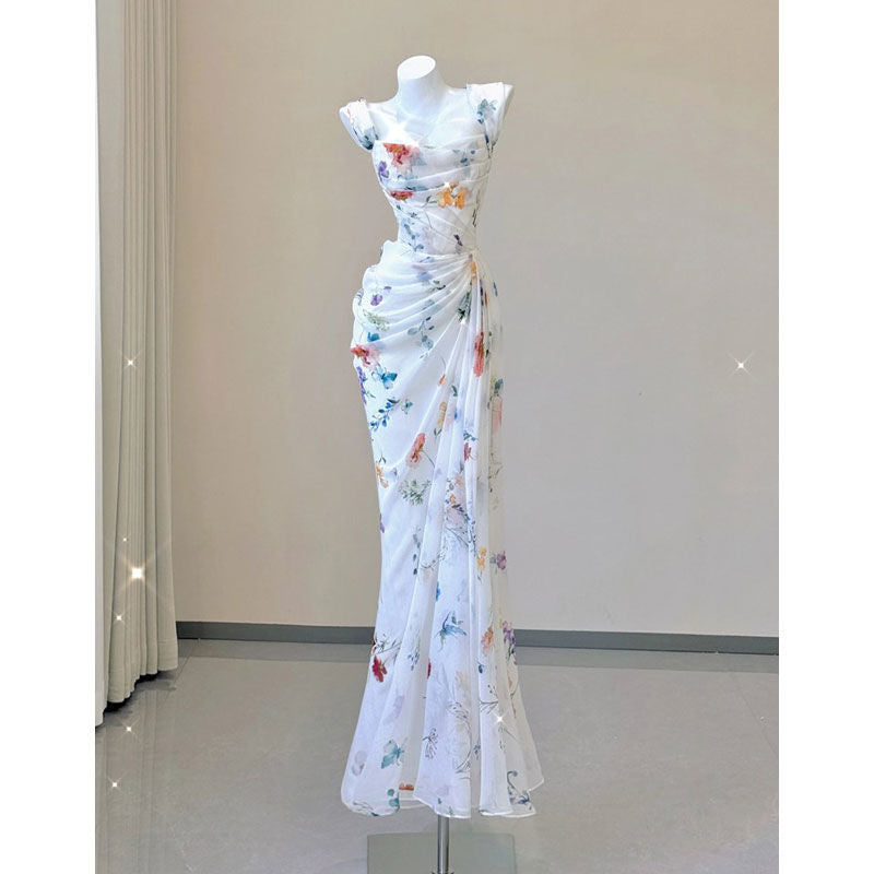 prom dresses Gentle Style Printed Chic Unique Niche French Style Suspender Dress Slimming Sexy Banquet Dress Morning Gown Light Wedding Dress