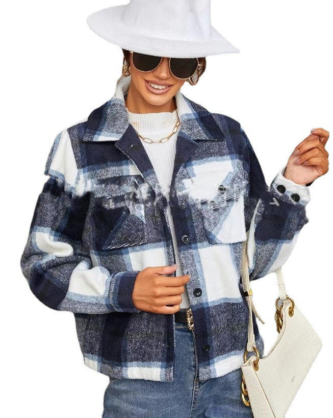 fashion outfits Plaid Contrast Color Long-Sleeved Jacket Women's Winter Fashion Lapel Single-Breasted Jacket