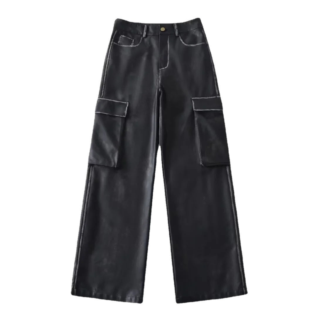 2024 fall fashion trends Autumn and Winter New Women's High Waist Loose Heavy-Duty Brushed Large Pocket Leather Pants Overalls Trousers 