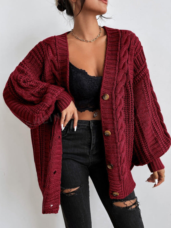 2000s fashion V-neck Sweater Women's Retro Style Fashion Loose Twist Lantern Sleeve Cardigan Knitted Coat