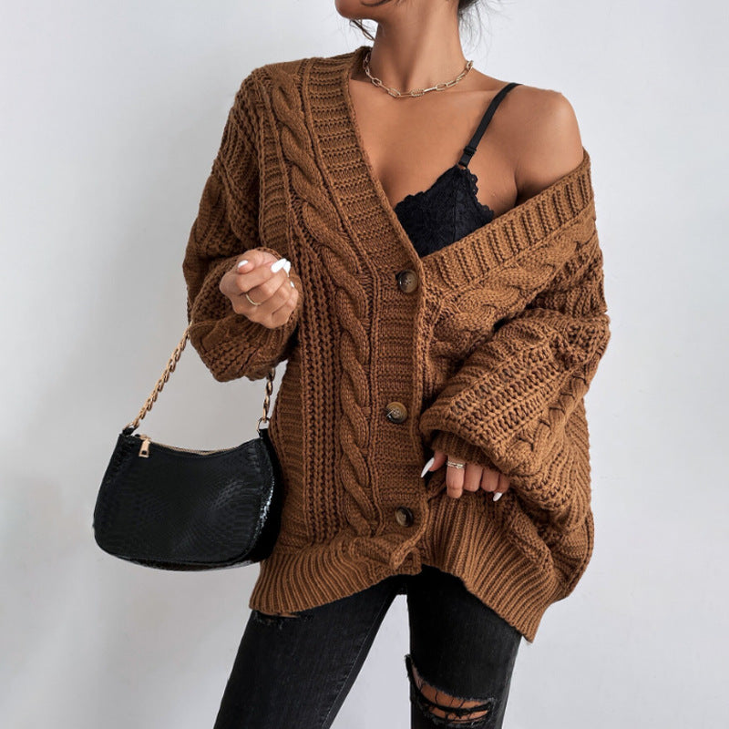 2000s fashion V-neck Sweater Women's Retro Style Fashion Loose Twist Lantern Sleeve Cardigan Knitted Coat