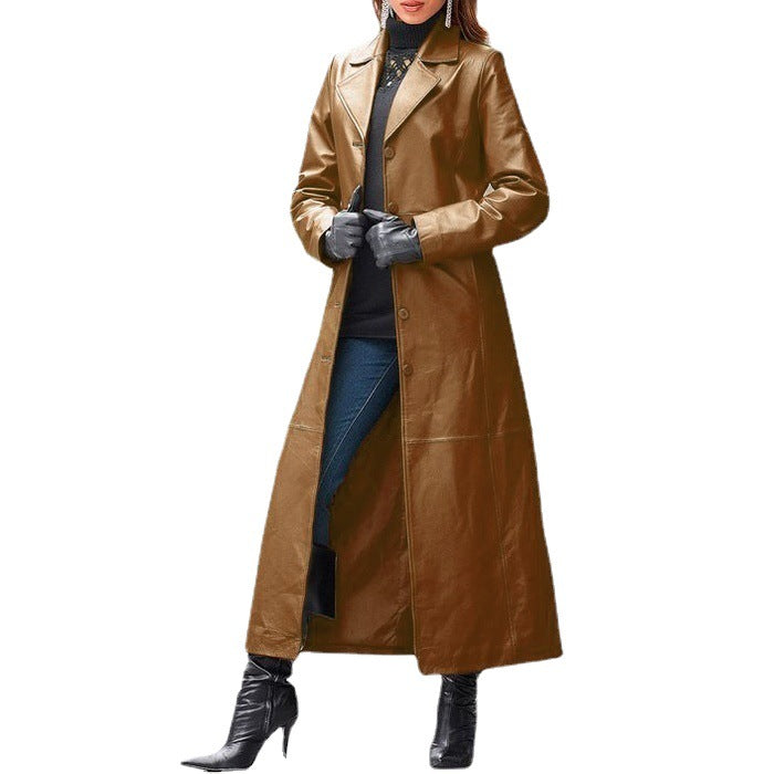 2024 fall fashion trends New Women's Button Leather Coat Extended Coat Slim Fit Slimming plus Size Leather Trench Coat