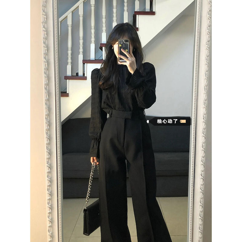 teacher outfits Yujie Style Texture Long-Sleeved Shirt Suit Women's Autumn High Waist Straight Wide-Leg Pants Elegant Black Lantern Sleeve Top