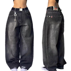 2000s fashion Black Gray Denim Wide Leg Pants Jazz Dance Dancing Pants American High Waist Retro Distressed Ins Niche Design Sense