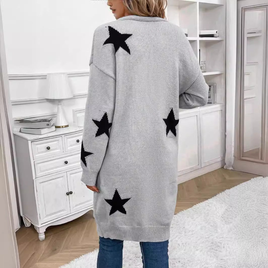 dream clothes 2024 Spring and Autumn New Star Knitted Cardigan Women's Mid-Length V-neck Fashion Sweater Coat