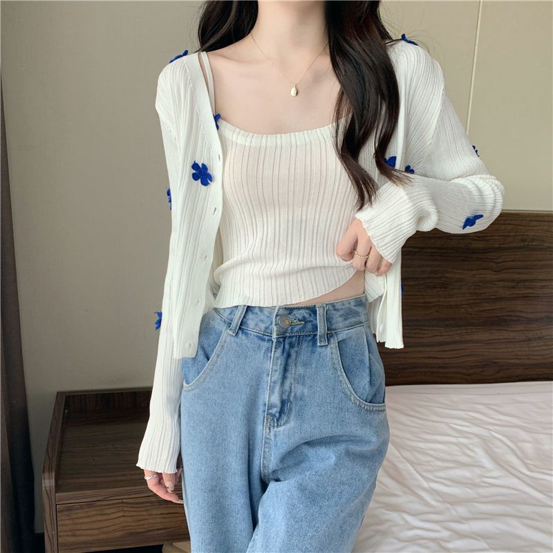 2000s fashion Korean Style Sweet Fresh Flower Pit Sweater Autumn New Lady Strap Cardigan Coat Slimming Trendy