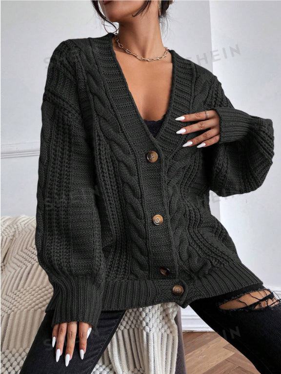 2000s fashion V-neck Sweater Women's Retro Style Fashion Loose Twist Lantern Sleeve Cardigan Knitted Coat