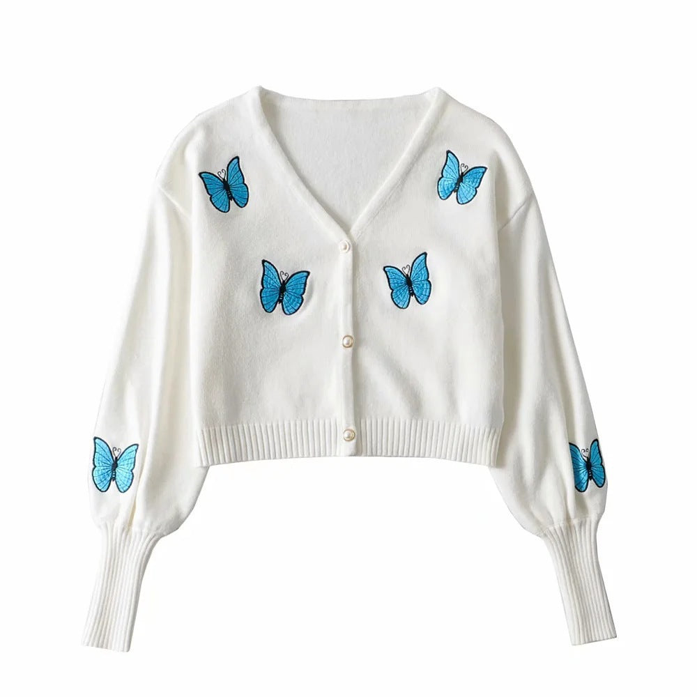 outfit 2024 Autumn and Winter New Casual Short Butterfly Embroidered Lantern Sleeve Knitted Sweater Cardigan Coat