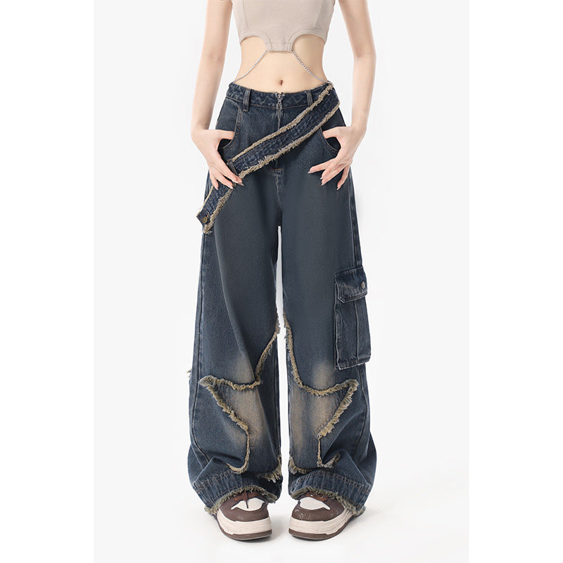 concert outfit Star Frayed Jeans Women's Autumn and Winter Chubby Girl Slimming Retro Small Straight Wide Leg Long Pants