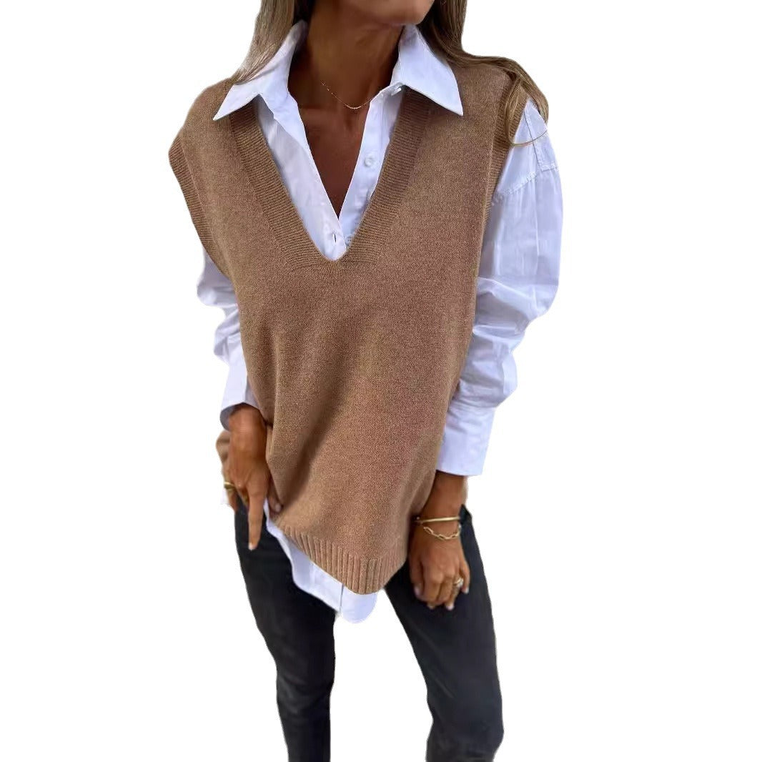 2024 fall fashion trends 2024_autumn and Winter Casual V-neck Knitted Solid Color Sweater Versatile Basic Vest