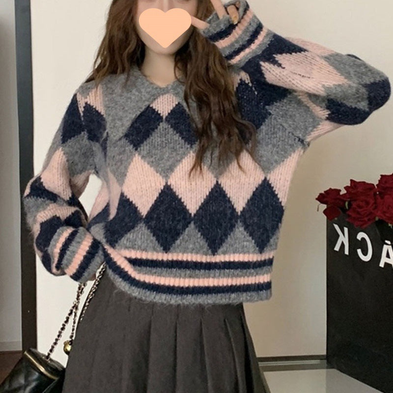 2024 fall fashion trends Korean Style Contrast Color Rhombus Doll Collar Sweater Women's Pullover 2024 Autumn and Winter New Gentle Style Short Knitted Cardigan