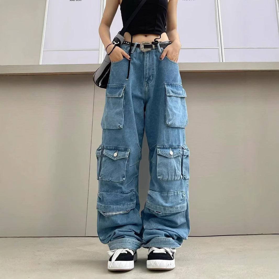 barn jacket outfits Women's Fashion All-Match Jeans Zipper Light Color Washed Overalls Trousers Simple New