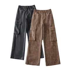 2024 fall fashion trends Autumn and Winter New Women's High Waist Loose Heavy-Duty Brushed Large Pocket Leather Pants Overalls Trousers 