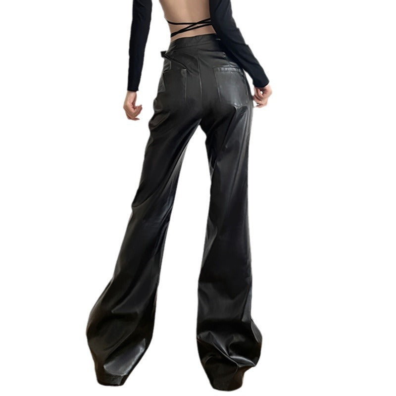 2024 fall fashion trends Dark Style Street High Waist Personalized Metal Belt PU Leather Pants Hot Girl Slim-Fit Flared Pants Trousers