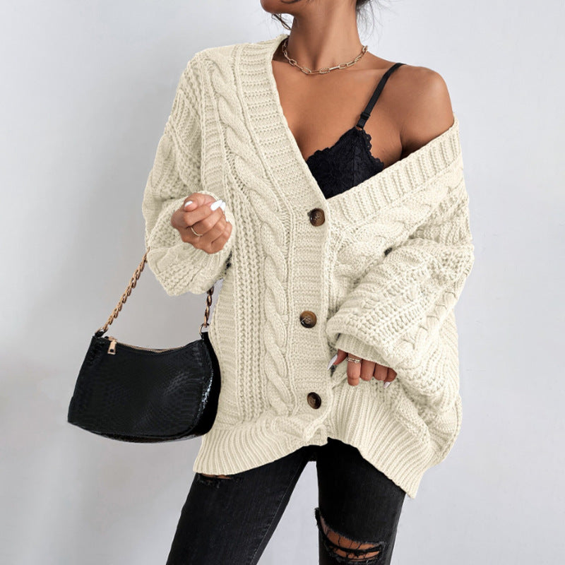 2000s fashion V-neck Sweater Women's Retro Style Fashion Loose Twist Lantern Sleeve Cardigan Knitted Coat