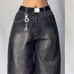 2000s fashion Black Gray Denim Wide Leg Pants Jazz Dance Dancing Pants American High Waist Retro Distressed Ins Niche Design Sense