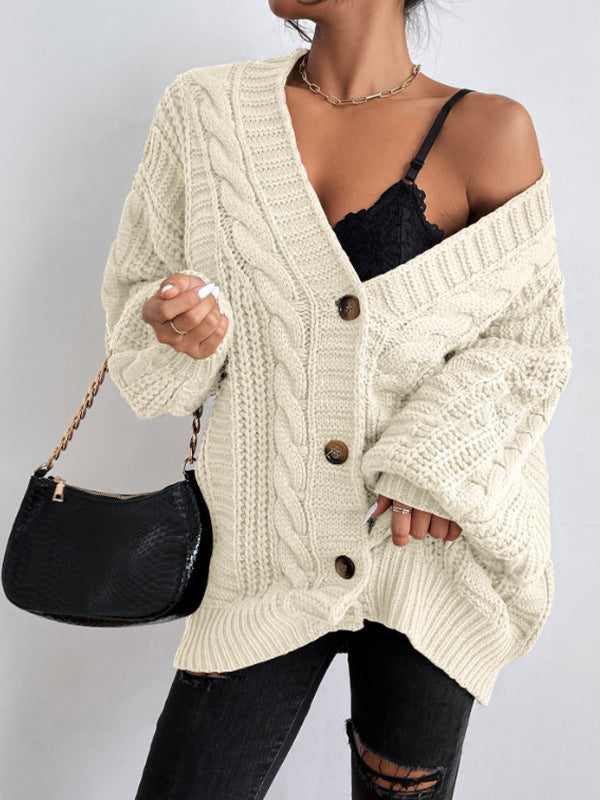 2000s fashion V-neck Sweater Women's Retro Style Fashion Loose Twist Lantern Sleeve Cardigan Knitted Coat