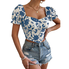 end of summer outfits Spring Women's Printed V-neck Short-Sleeved Shirt Sexy Short Shirt Top