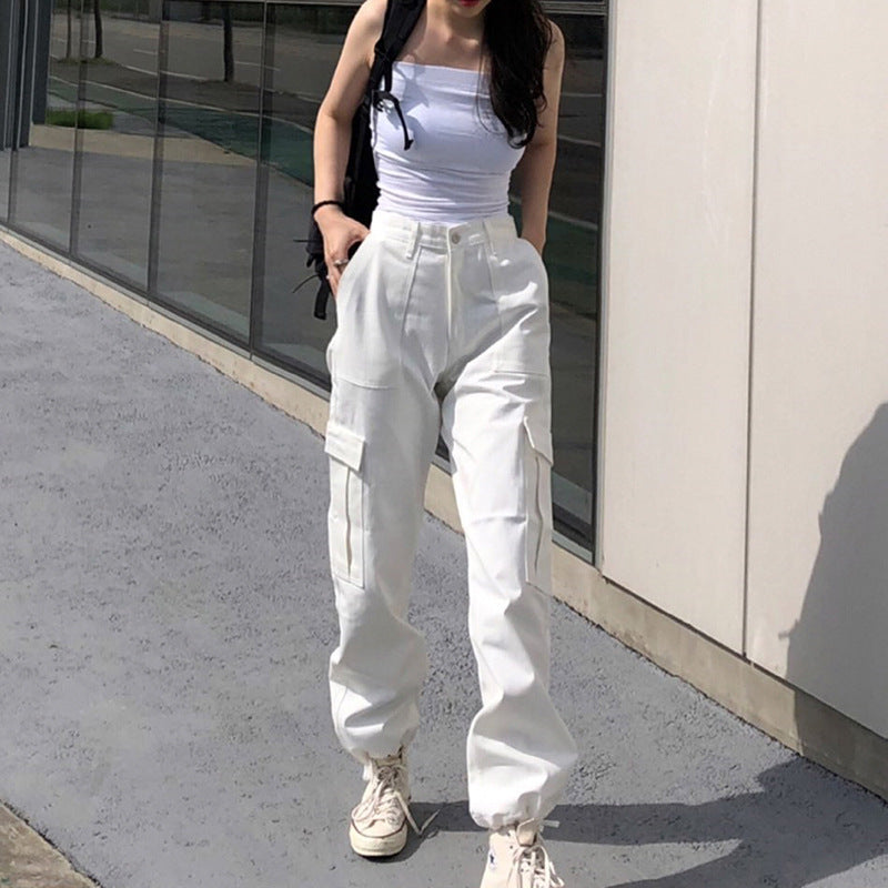 going out outfits Street Retro High Waist Slimming Large Pocket Drawstring Overalls Straight Casual Pants Ankle-Tied Pants Trousers for Women