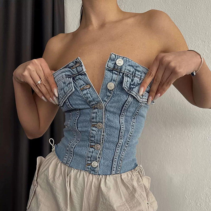 2000s fashion Style Summer Women's Clothing New Denim Sexy Women's off-Shoulder Elastic Wrapped Chest Button Tube Top