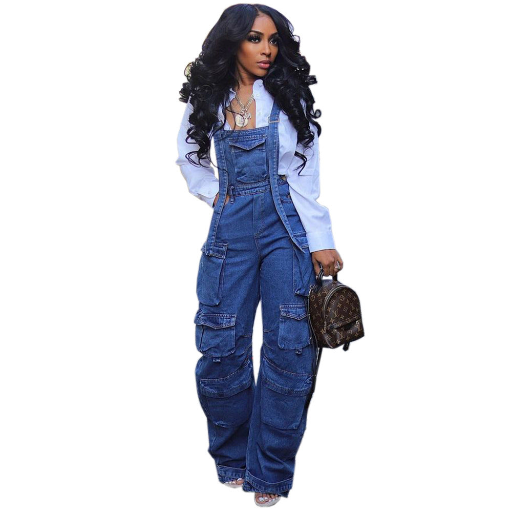 summer fits Women's Loose Denim Suspender Pants Women's Spring Street Fashion Multi-Pocket Jumpsuit