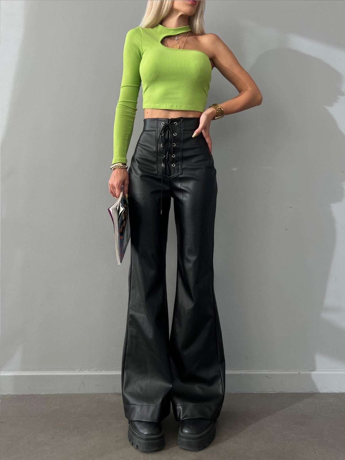 barn jacket outfits 2024 Autumn and Winter Women's Fashion Sexy High Waist Trousers Flared Pants Leather Pants Women's Pants