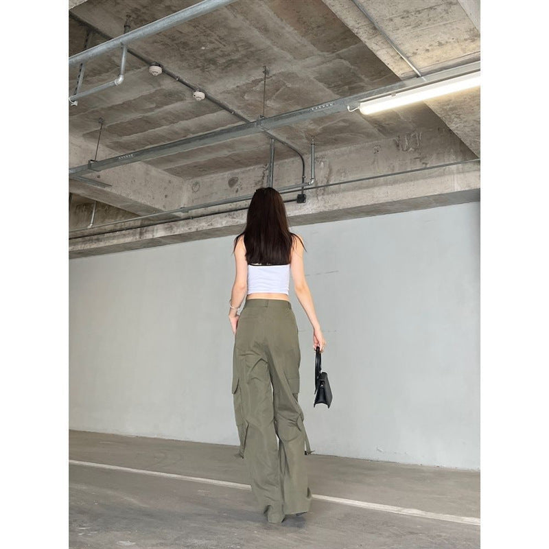 business casual outfits woman Army Green Overalls New Hot Girl American Retro Slimming Trousers Loose Draping Mop Pants