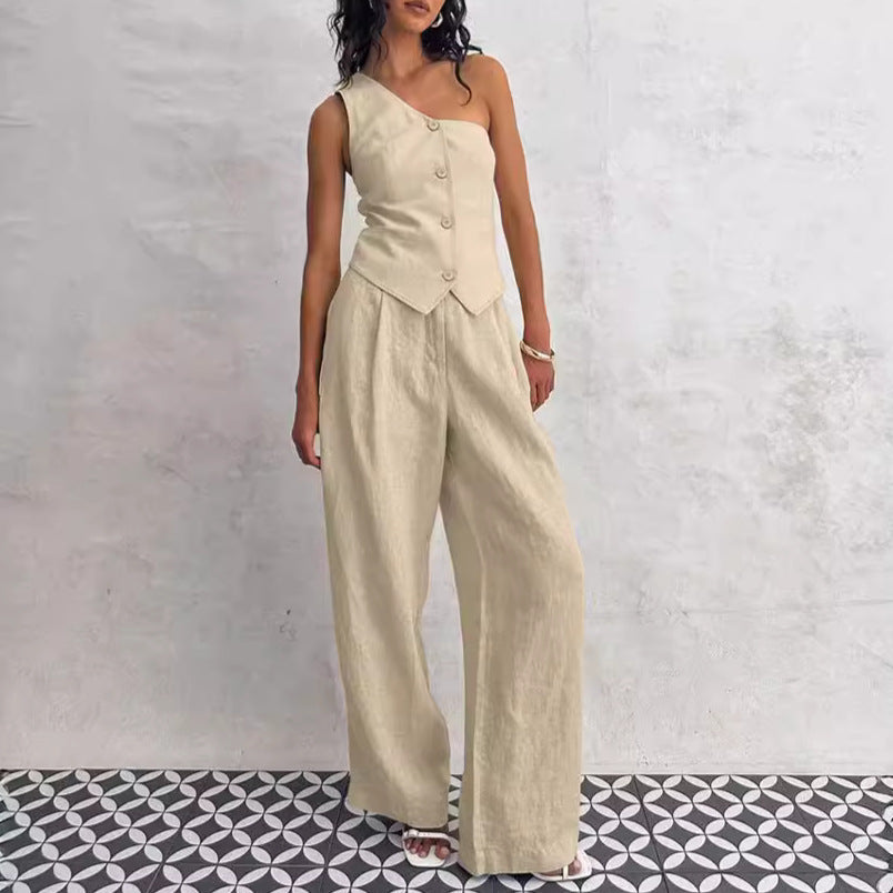 church outfit Design Fashionable One-Shoulder Vest High Waist Wide-Leg Pants Two-Piece Set Personalized Temperament Casual 2024 Summer and Autumn New Women's