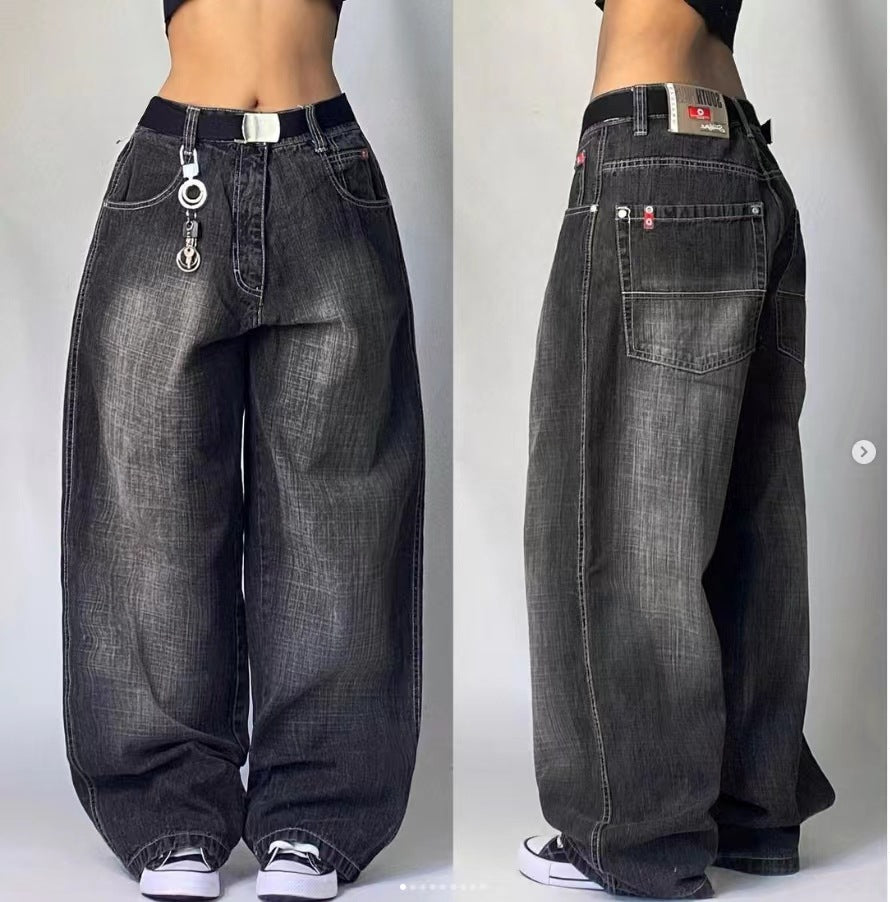 2000s fashion Black Gray Denim Wide Leg Pants Jazz Dance Dancing Pants American High Waist Retro Distressed Ins Niche Design Sense