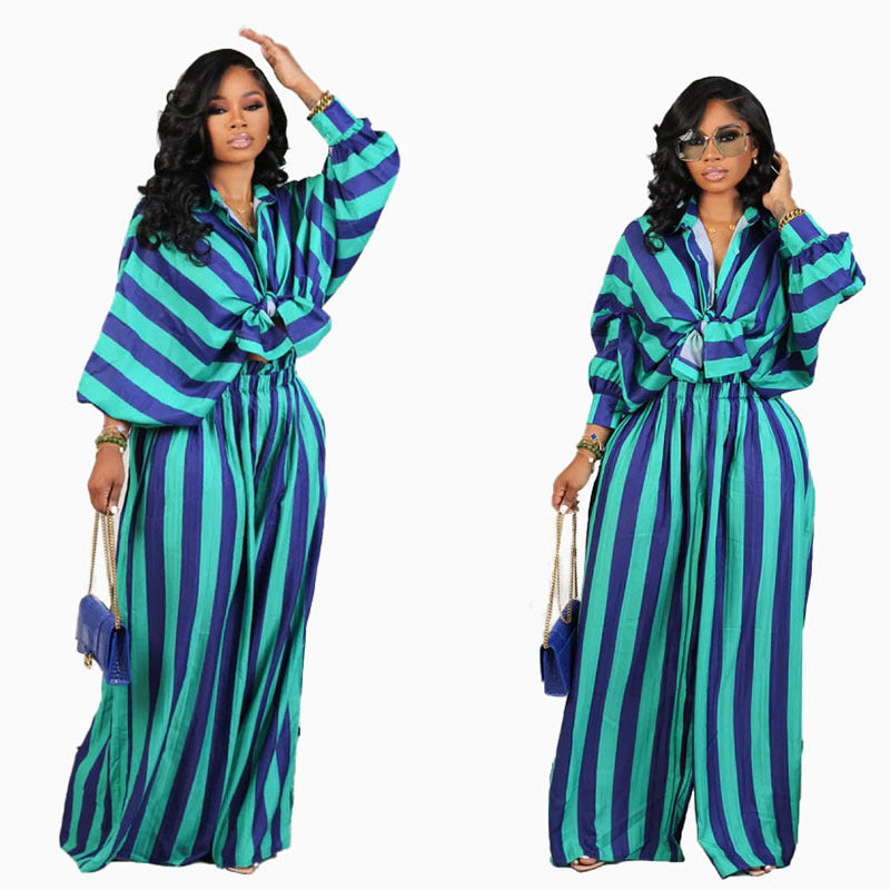 business casual outfits woman Popular New Women's Casual Striped Printed Loose Hong Kong Style Wide Leg Pants Two-Piece Set