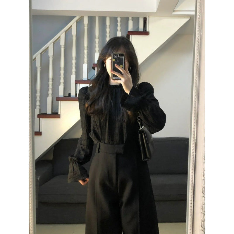 teacher outfits Yujie Style Texture Long-Sleeved Shirt Suit Women's Autumn High Waist Straight Wide-Leg Pants Elegant Black Lantern Sleeve Top