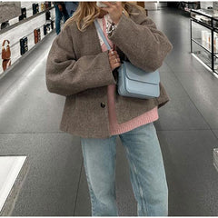 barn jacket outfits -Soft Glutinous Lazy Loose Coat Casual Comfortable Commuter Short Overcoat Coat Open