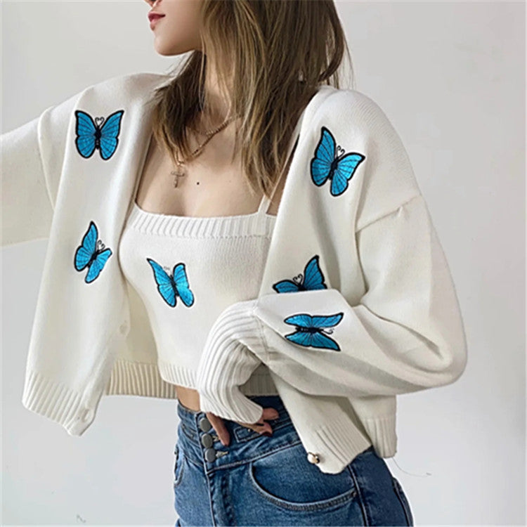 outfit 2024 Autumn and Winter New Casual Short Butterfly Embroidered Lantern Sleeve Knitted Sweater Cardigan Coat