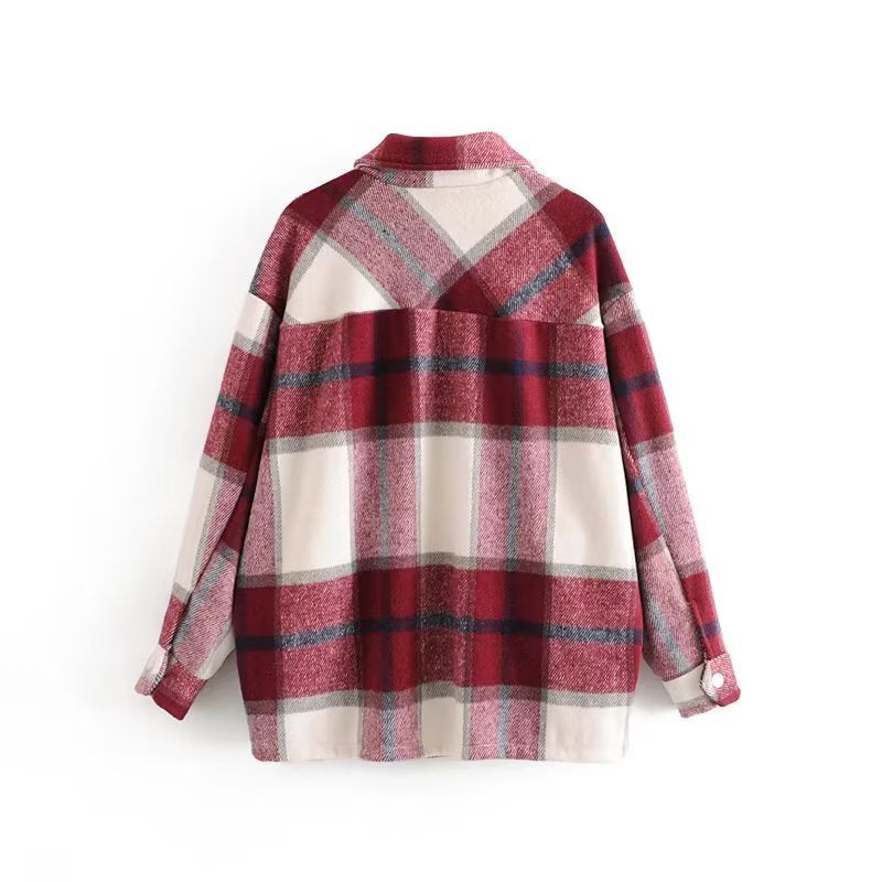 fashion outfits Autumn and Winter New Women's Lapel Plaid Shirt Soft Woolen Coat 