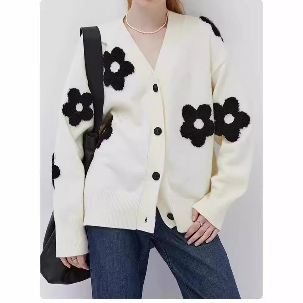 teacher outfits 2024 Korean Style Autumn and Winter New Sweater Women's V-neck Fashion Cardigan Mosaic Flower Sweater Women's Casual Coat