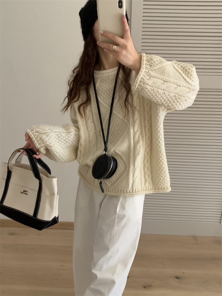 outfit inspo fall  Korean Style Retro Winter New Hemming Knitted Women's round Neck Twist Loose Lazy Style Pullover Sweater