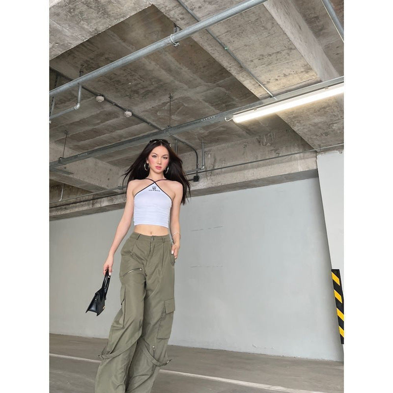 business casual outfits woman Army Green Overalls New Hot Girl American Retro Slimming Trousers Loose Draping Mop Pants