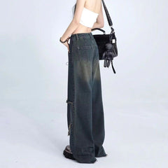 y2k Y2g Dark Retro Straight Wide-Leg Pants Star Design Frayed Mop Pants High Waist Loose Street Jeans