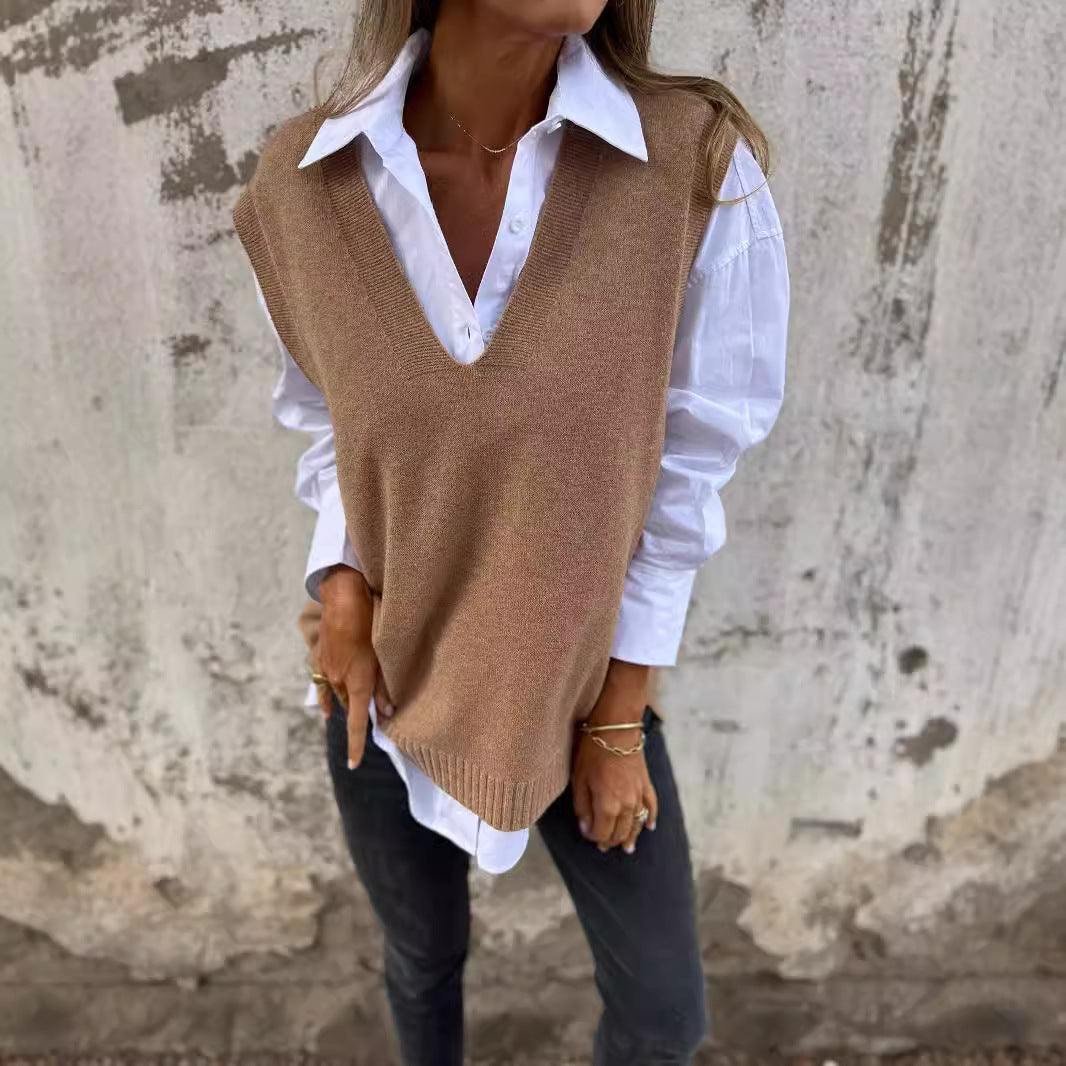 2024 fall fashion trends 2024_autumn and Winter Casual V-neck Knitted Solid Color Sweater Versatile Basic Vest