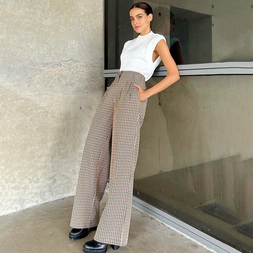 business casual outfits Plaid Wide-Leg Pants Plaid Trousers Autumn and Winter New Straight Commuter Women's Casual