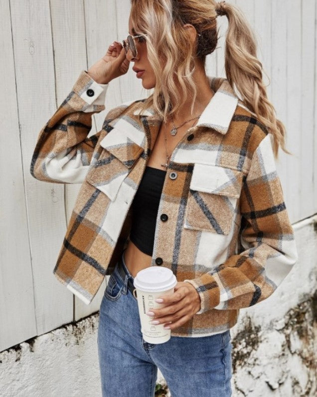 fashion outfits Plaid Contrast Color Long-Sleeved Jacket Women's Winter Fashion Lapel Single-Breasted Jacket