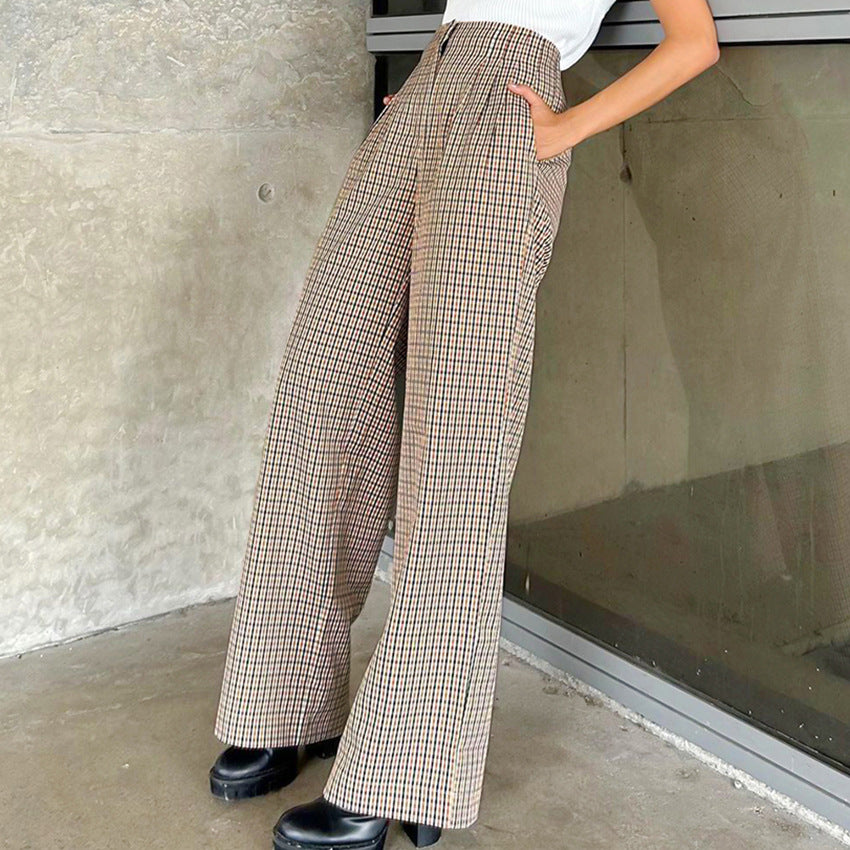 business casual outfits Plaid Wide-Leg Pants Plaid Trousers Autumn and Winter New Straight Commuter Women's Casual