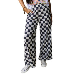 outfit Spring New Chessboard Plaid Printed Casual Pants for Women 2024 Personality Niche Loose High Waist Wide Leg Pants for Women