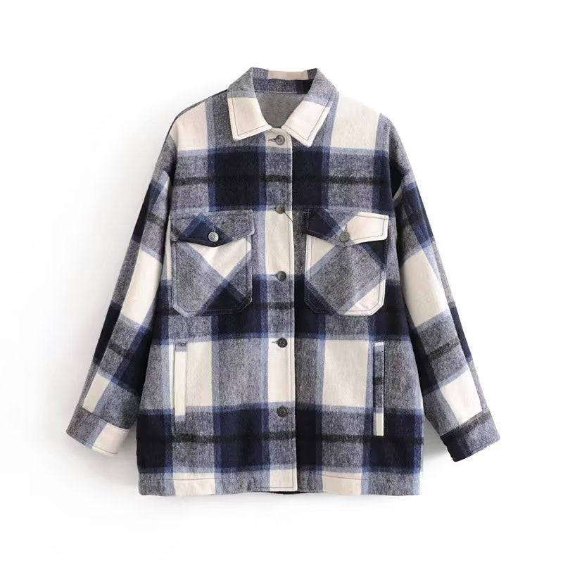 fashion outfits Autumn and Winter New Women's Lapel Plaid Shirt Soft Woolen Coat 