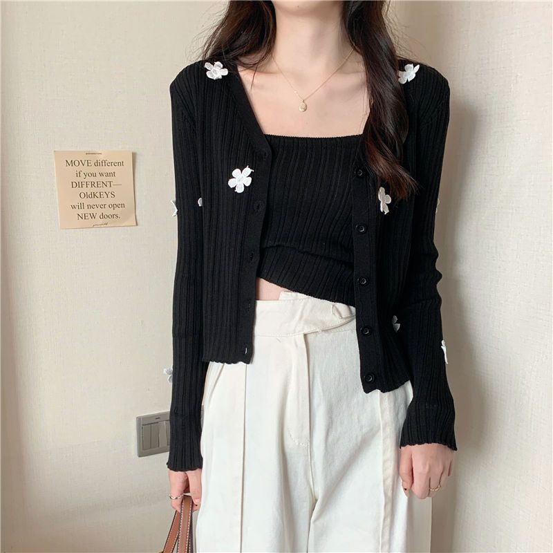 2000s fashion Korean Style Sweet Fresh Flower Pit Sweater Autumn New Lady Strap Cardigan Coat Slimming Trendy