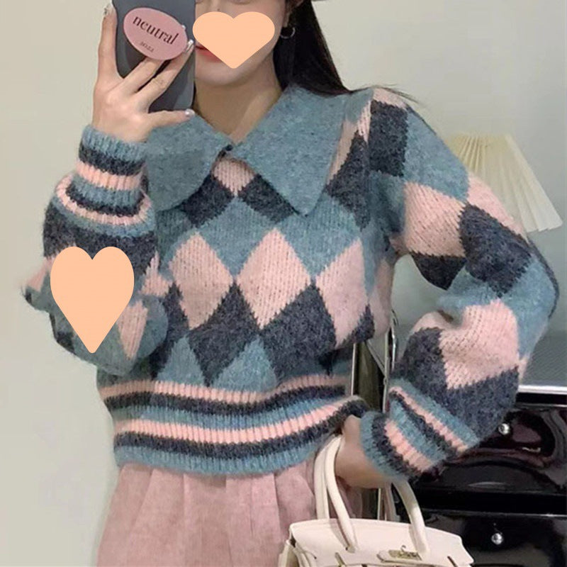 2024 fall fashion trends Korean Style Contrast Color Rhombus Doll Collar Sweater Women's Pullover 2024 Autumn and Winter New Gentle Style Short Knitted Cardigan