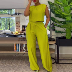 business casual outfits woman Women's 2024 Autumn New Solid Color round Neck Sleeveless Vest Top Wide Leg Trousers Casual Suit